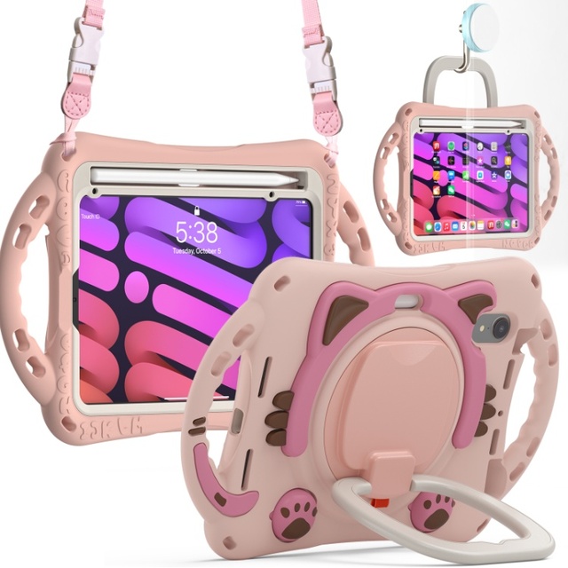 3D Cute Cartoon Soft Silicone Back Cover with Pen Holder and Shoulder Strap for iPad Mini6/mini A17Pro