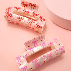 Toptan toptan akrilik kadın saç tokası büyük PVC yay şerit kalp kiraz damalı saç pençe - Product Image 2