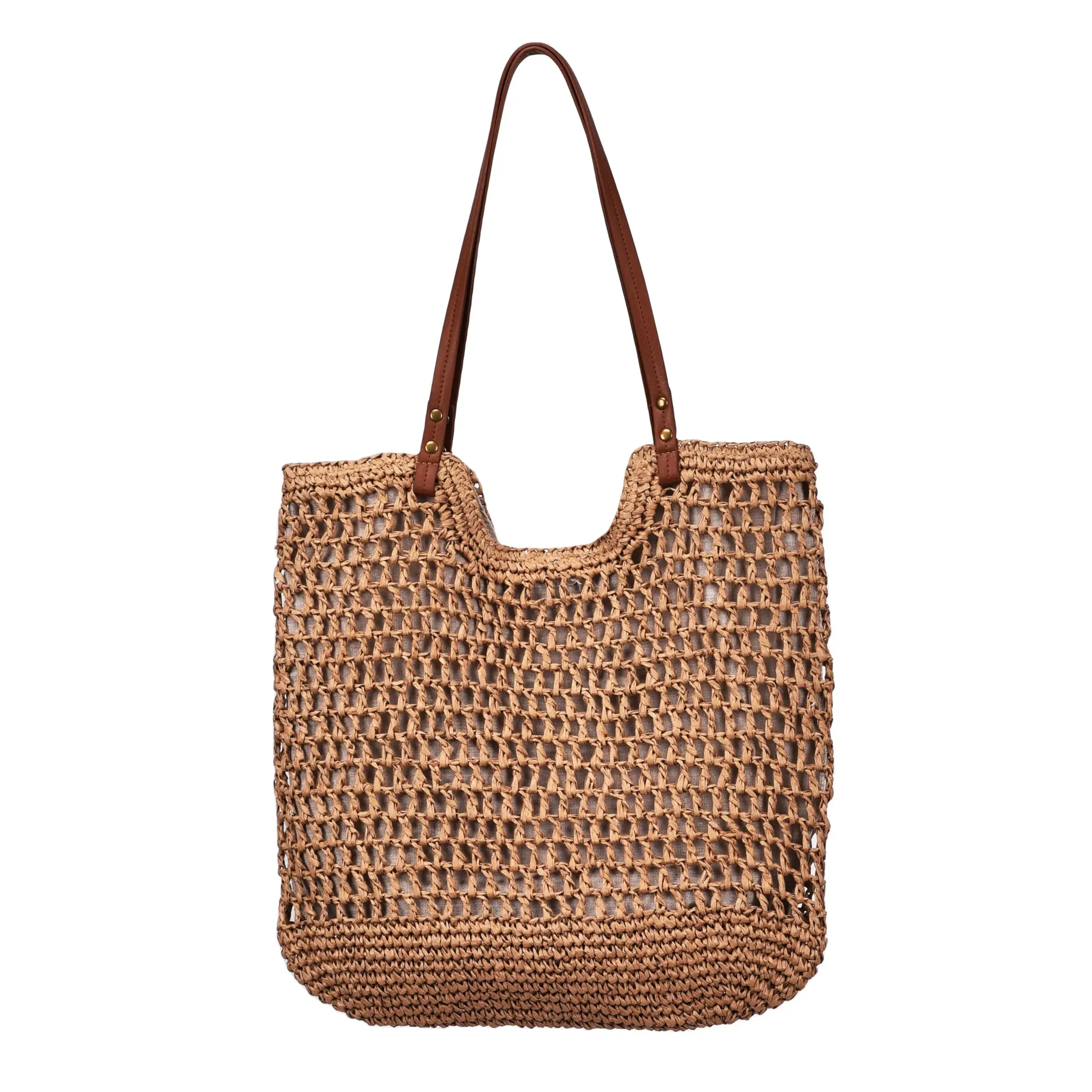 Bolsa de ombro vintage feminina de palha feita à mão, bolsa de mão em PU de cor sólida, bolsa de crochê boho vazada para praia e verão