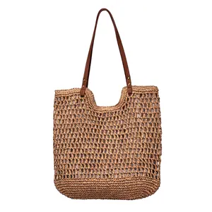 Bolso de hombro de paja tejido hecho a mano para mujer, bolso de mano con asa de PU de Color sólido, bolso de ganchillo calado bohemio para playa de verano