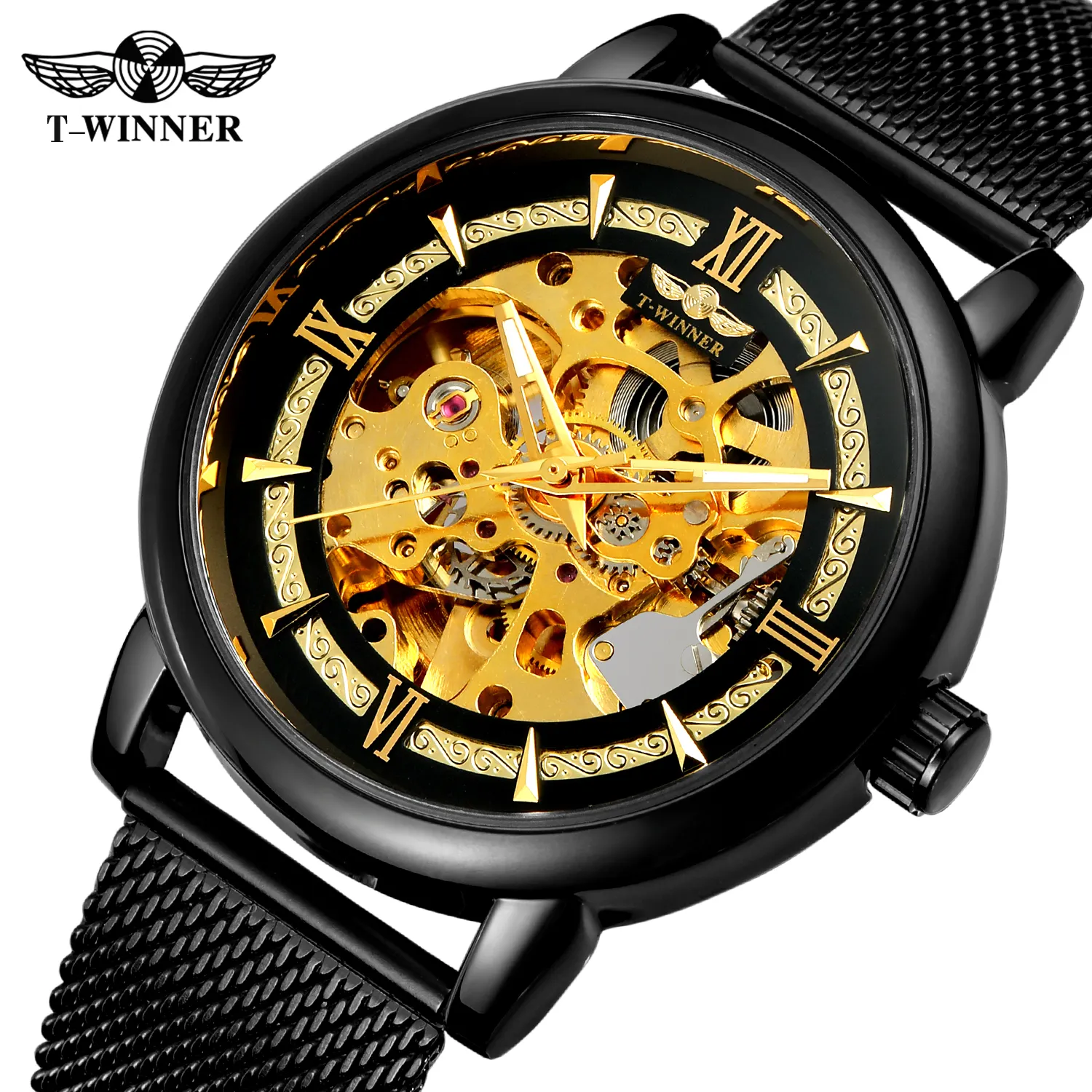 T WINNER 8173M Official new fashion automatic mechanical mens watches mesh strap skeleton dial wrist watch