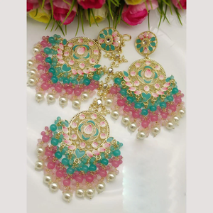 Designer Fine Gold Plated Kundan Meenakari Earrings with Beads and Maangtikka Bridal Jewelry Set - Product Image 4