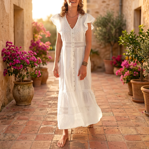 <b>White</b> V-Neck Cap Sleeve <b>Maxi</b> Woven Breathable Button Front A-Line Boho Casual Eco-Friendly Organic Cotton Modest Summer Dress - Product Image 1