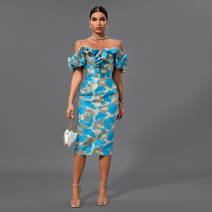 Ultimi Modelli 2022: Elegante <span class=keywords><strong>Abito</strong></span> Estivo <span class=keywords><strong>con</strong></span> Spalle Scoperte, Senza Maniche, Jacquard, Aderente, <span class=keywords><strong>con</strong></span> <span class=keywords><strong>Spacco</strong></span>, Lunghezza <span class=keywords><strong>Midi</strong></span> per Donna - Product Image 2