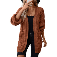 Nouveau design personnalisé – Cardigan en maille torsadée mi-long pour femme – Pull décontracté et ample de style vintage – Manteau en maille pour femme