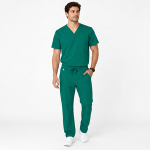 Unisex Green V-Neck <b>Scrub</b> <b>Top</b> Spandex Woven Hospital Uniform Needle Detection Seamless Fusing - Product Image 5