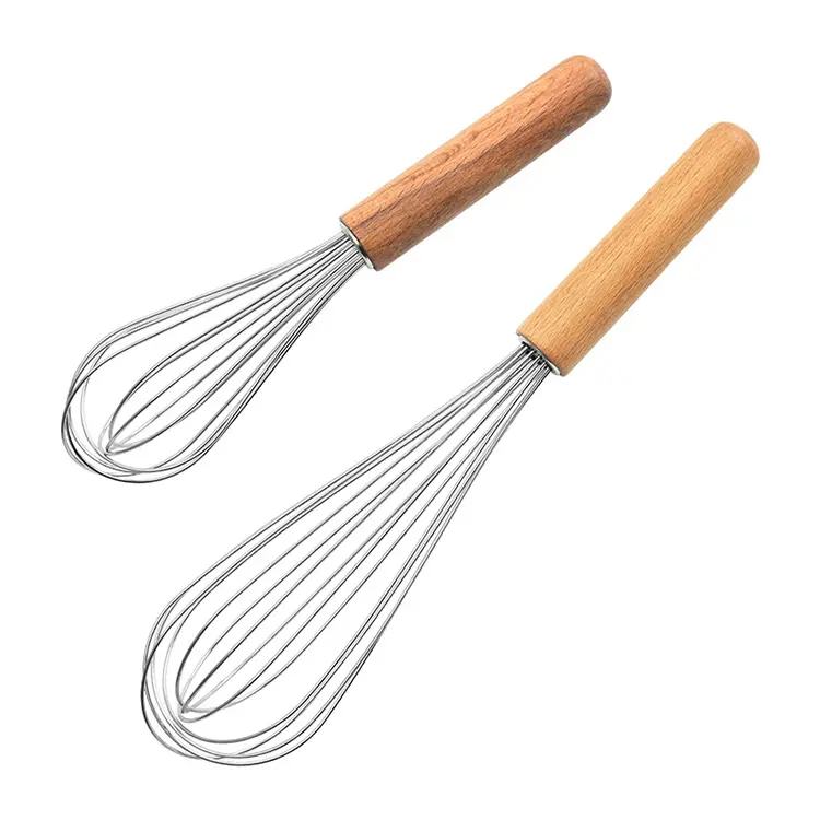 China Factory Cheap Kitchen Cooking Baking Wood Handle Manual Egg Mixer Egg Beater Balloon Whisk for Promotion Gift