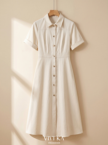 Vestido Midi Elegante para Mujer con Botones Delanteros, Corte en A, VIVI KA, Casual, Tejido Sólido, Mezcla de Microfibra, Cintura Alta, Disponible en Stock - Product Image 3