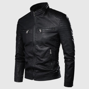 Chaqueta de cuero negra a prueba de viento ajustada para hombre, chaqueta de cuero de Pu de motorista clásico de alta calidad para hombre, chaqueta de cuero - Product Image 6