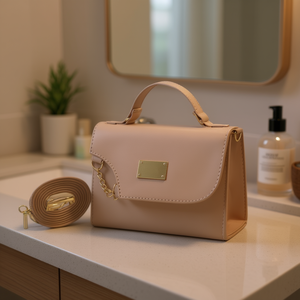 Sac de rangement pour maquillage grande capacité Fana pour femme, trousse à cosmétiques bandoulière en microfibre nude et cuir synthétique, avec poignée supérieure simple - Product Image 2