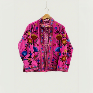 Pink <b>Velvet</b> Embroidered Floral Jacket Mandarin Collar Full Sleeve Women's Spring Outerwear - Product Image 1