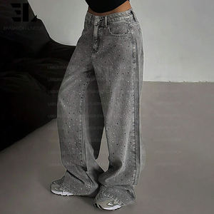 بنطلون جينز فضفاض بخصر عالٍ مزين بالأحجار الكريمة اللامعة من مصنع LARSUR، بنطلون دينيم ممزق للنساء - Product Image 4