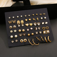 Anting-anting tusuk berlian imitasi motif bunga hati peach Model 5608201, set 30 buah, bahan alloy emas, gaya Instagram, simpel retro