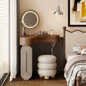 Table de toilette moderne avec miroir éclairé, coin triangulaire, bois massif, rangement intégré, petit appartement, chambre à coucher - Product Image 2