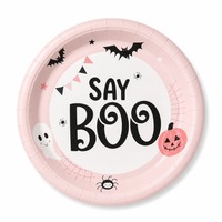 Assiettes en papier pour Halloween, roses, jetables, rondes, pour la table de fête d'Halloween