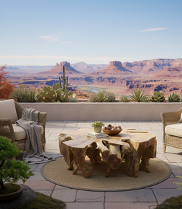 Mesa de Centro de Lujo con Base Escultural de Raíz de Teca Natural y Tapa de Cristal, Diseño Contemporáneo para Interiores Exclusivos - Product Image 1