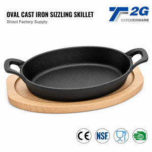 <b>Cast</b> <b>Iron</b> Sizzling Skillet Oval with Wooden Base 2 in 1 Sizzler Platter Set Induction Compatible Oven Safe 500F NSF CE - Product Image 1