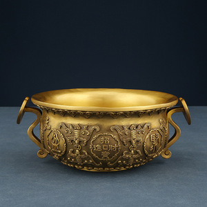 Bassin de trésor Ruyi en laiton, rond, gravé, décoration de bureau et de maison, cadeau, couleur cuivre - Product Image 2