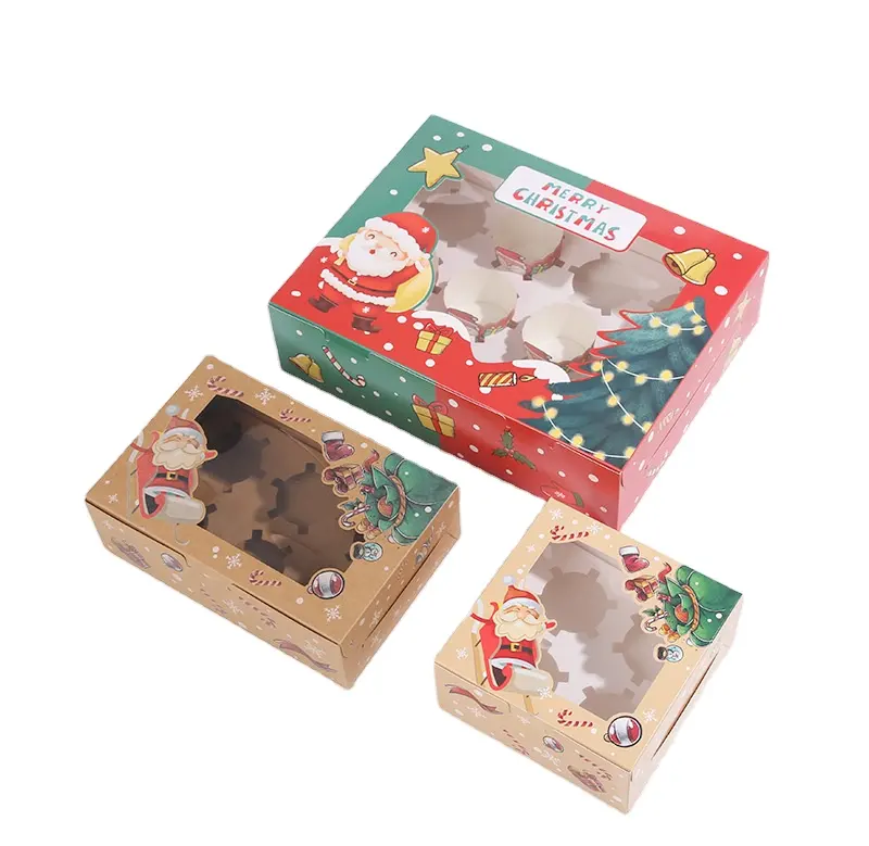 Подарочные коробки с отверстиями, бумажные коробки для выпечки и печенья, оптовая продажа, Рождественская выпечка, кексы, пирожные, Рождество 4 6 12 XL
