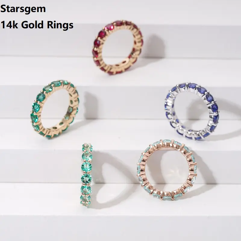 Starsgem เครื่องประดับแฟนซีแหวนเพชรโมอิสแซฟไฟร์เพชรเม็ดสีขาวโรสเหลืองทอง14K สีโรสโกลด์แลป