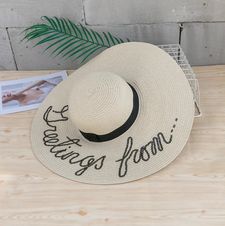Custom white letter straw hat woman beach hats 2022 outdoor summer women straw sun hat wide brim