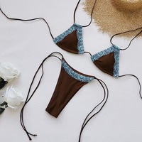 TW 2026 Nuevo Diseño Personalizado Conjunto de Bikini de Tres Piezas de Cintura Baja con Halter, Encaje y Tanga Hueca, Traje de Baño Sexy sin Espalda
