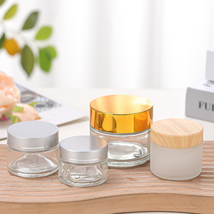 Pot de crème réutilisable clair givré de haute qualité pot de verre cosmétique avec argent doré et capuchon noir pour cosmétique - Product Image 1