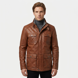 <b>Mens</b> Real Brown Leather <b>Jacket</b> Field Coat <b>Utility</b> Safari 4 Flap Pocket Cowhide Windbreaker Custom Classic Winter Warm Outerwears - Product Image 1