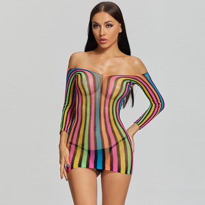 Robe moulante en résille à rayures arc-en-ciel pour femme, tenue de soirée à épaules dénudées et manches longues - Product Image 4