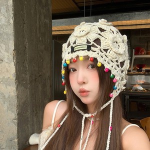 Chapeau à franges tricoté à la main de style ethnique, en coton beige respirant, casquette rétro pour femmes printemps-été - Product Image 2