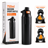 Bouteille d'eau isotherme anti-fuite de 750 ml avec couvercle à double ouverture, paille rabattable, goulot large, flasque sous vide avec verrouillage, OEM Pantone pour la salle de sport et le bureau