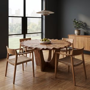 Luxury Solid Teak Wood <b>Round</b> Dining <b>Table</b> Set <b>with</b> Rattan Dining <b>Chairs</b> and Modern Patio Bench Furniture - Product Image 3