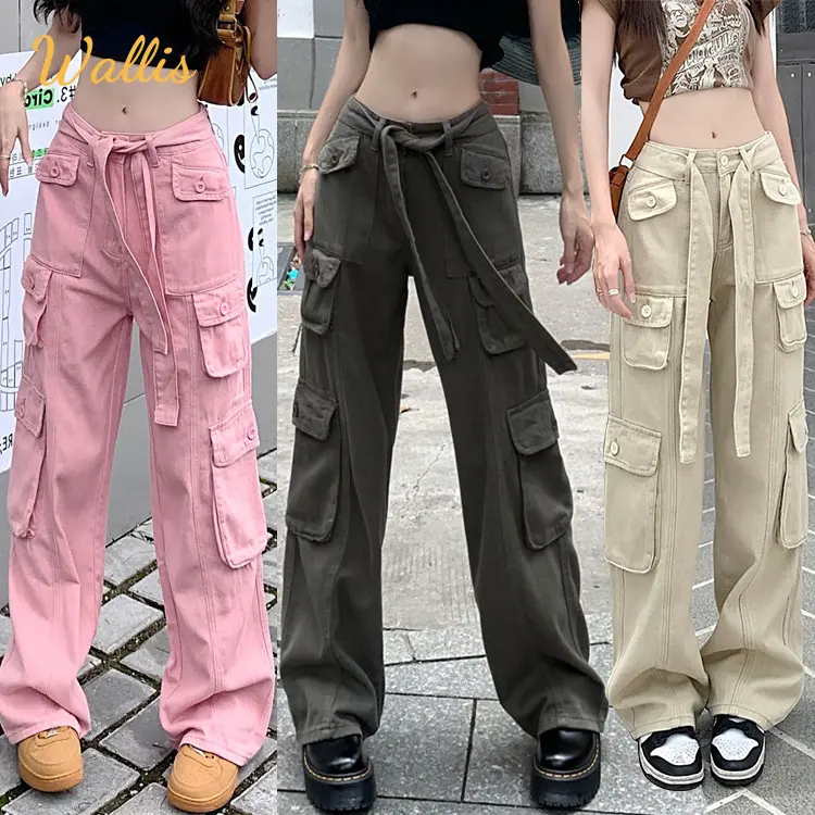 Casual Vintage kadın moda 90s Streetwear 6 cepler geniş bacak yüksek bel Y2k Denim pantolon tulum kargo pantolon Baggy kot pantolon