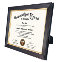 Cadre de diplôme en bois massif avec logo de l'université en relief doré pour affichage mural avec verre trempé