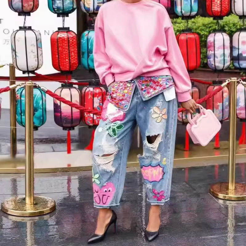 Women's Fashionable Highstreet Baggy Stacked Casual Long Denim Pants  Digital Printing Straight Waist Sexy Hollow Ripped Solid