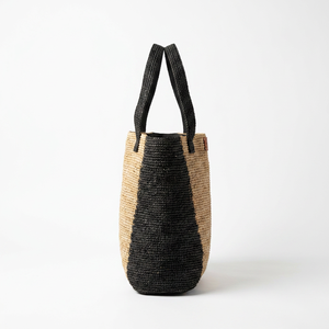 Sac cabas en raphia à panneaux noir et naturel, couleur unie, fermeture éclair, style bohème, sac de shopping toutes saisons - Product Image 2