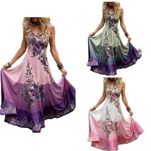 Abito Lungo Plus Size Boho con Stampa Floreale, Senza Maniche, Colore Sfumato, Scollo a V, <span class=keywords><strong>Vestito</strong></span> Estivo Casual Fluido per Donne - Product Image 1