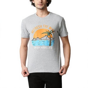 เสื้อยืดคอกลมแขนสั้นสีเทาสำหรับผู้ชายพิมพ์ลายเขตร้อนทรงปกติสไตล์ลำลองแบบถัก - Product Image 1