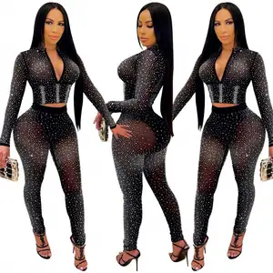 New arrival bodycon outfits painting set sexy 2 piece set women club deep v neck sexy night club pants sets