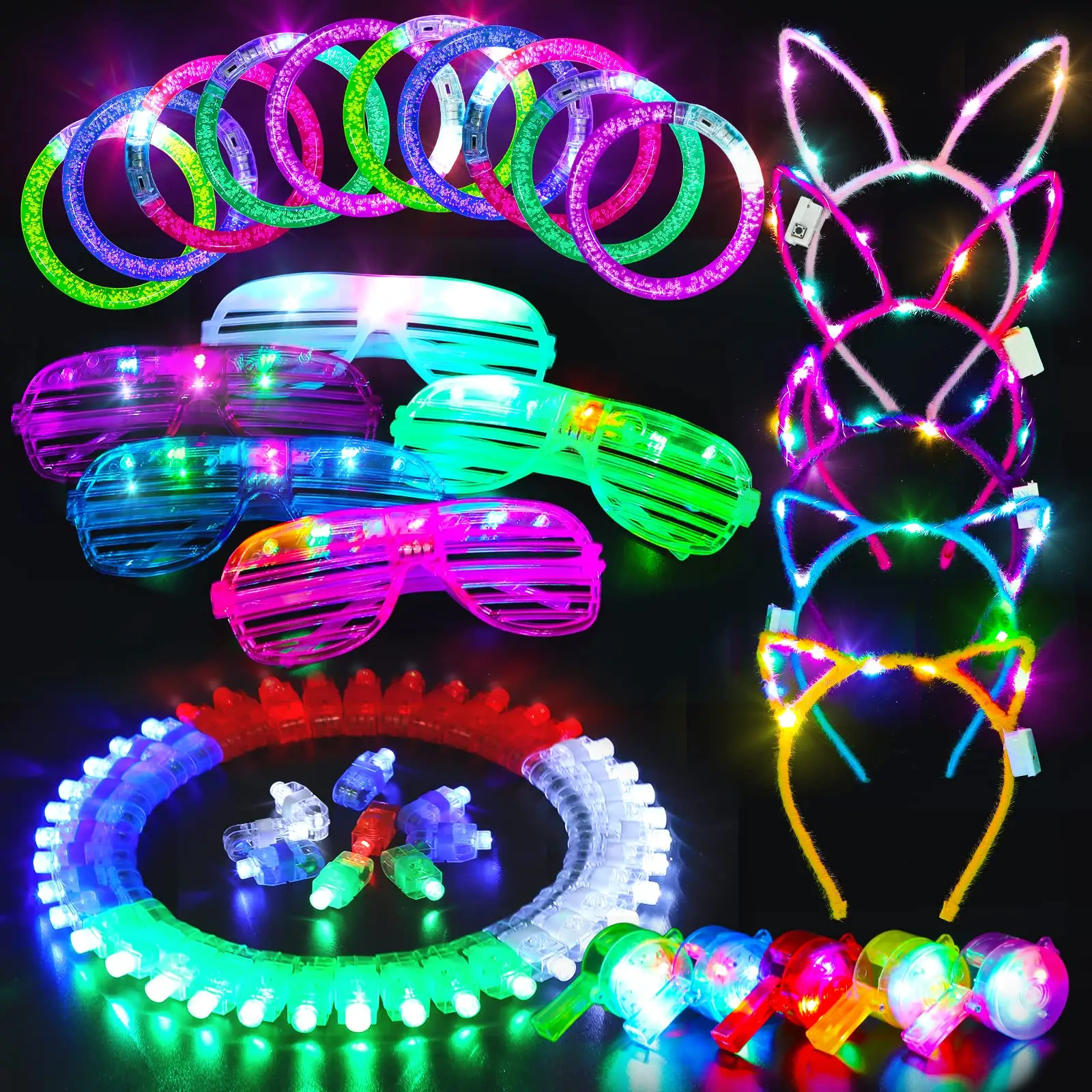 65 Stuks Led-Oplichtingsset Geeft De Voorkeur Aan Glow In The Dark Hair Vlecht Vingerlampjes Volwassen Kinderen Verjaardag Halloween Party Rekwisieten Benodigdheden