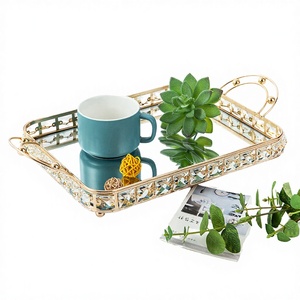 Modern Luxury Gold Metal Rectangle <b>Mirror</b> Storage <b>Tray</b> with Handles 1 Compartment for Tableware Decorative Use - Product Image 2