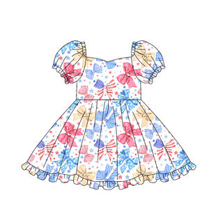 GSD3792 Vestido personalizado de verano para niña, con estampado de bandera del 4 de julio y rayas azules, hasta la rodilla, de manga corta, al por mayor - Product Image 2