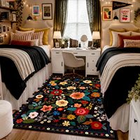 Grand tapis noir à imprimé floral bohème, doux, lavable, antidérapant, pour cuisine, entrée, couloir, salon, décoration de la maison
