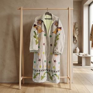 Manteau long en velours vert olive fait main sur mesure, avec des motifs floraux gris et des appliques géométriques sur le bord - Product Image 1