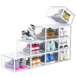 Walue Hot Selling Foldable Plastic Sneaker Stackable Shoe Storage Boxes With Front Acrylic Drawer Type Clear Shoe Boxes Bins