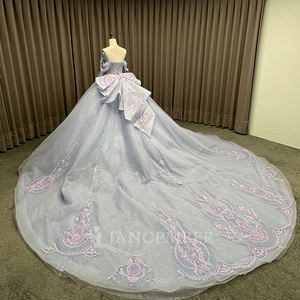 Vestidos de Quinceañera Color Azul Cielo, Bordados, con Cuentas, Apliques de Encaje, Cristal, Vestido de Gala con Cola de Capilla, Vestido Formal para Fiesta - Product Image 6