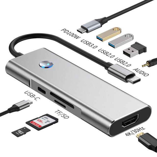 Aluminum Alloy 9 Port Type-C Hub USB3.0+2xUSB2.0+ 2.0 4K60Hz PD 100W Audio SD/TF Card Stock HDMI-Compatible Docking Station