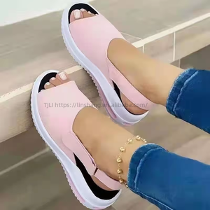 Women Supply Color Block European and American Style Magic Tape Peep Toe <b>Sandals</b> Summer Suede Thick Sole Wedge <b>Sandals</b> Wholesale - Product Image 3