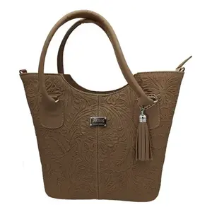 Bolso de compras Fana Wendy Avellana de cuero repujado con estampado floral grande, cierre de cremallera y asa de mano - Product Image 3