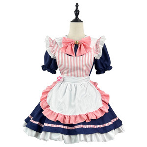 Maid Outfit Cosplay Lolita Costume Women Pink Blue Striped Dress With Bow And Apron Halloween Performance Wear - Product Image 5